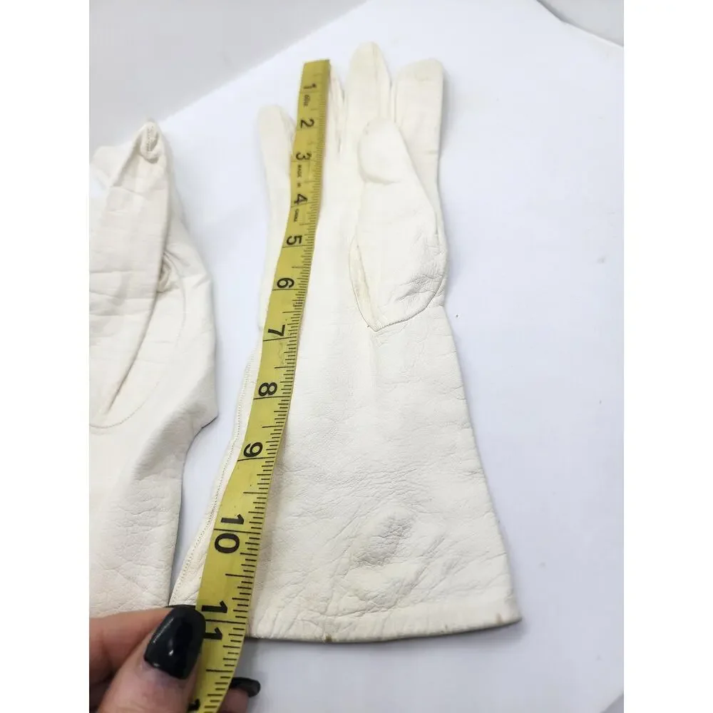 Vintage White Leather Gloves Womens Hand Embroidered Floral 1940s 50s